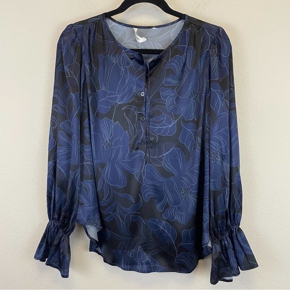 Tucker Tops - Tucker Floral Silk Floral Tie Neck Blouse Blue Black Size S
